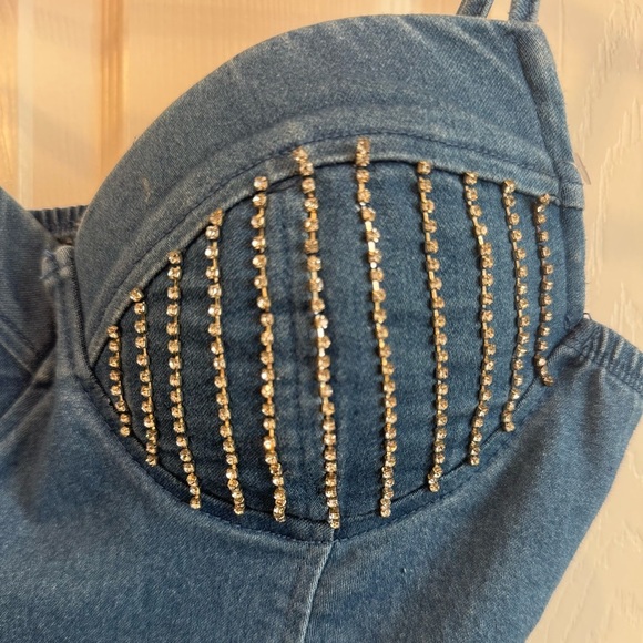 NWT Blue Denim Bodysuit with Beaded Detail - Picture 3 of 8